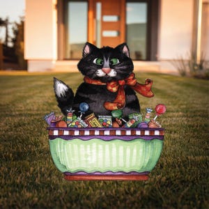 black cat Halloween yard art cat garden stake, cute Halloween candy funny lawn decor, cat gifts for cat lovers, Halloween gifts for adults