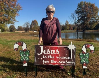 Jesus is the reason for the season Christian Christmas yard sign wood signs for outside, candy cane outdoor ornaments, religious Christmas
