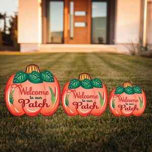 welcome to our patch pumpkin signs for yard, Thanksgiving yard art wood pumpkin outdoor decor for landscaping, fall decor for outdoors, best
