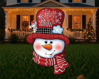 let it snow prim snowman outdoor decor gift, cute winter wood signs for yard, whimsical Christmas outdoor displays, snowman Christmas yard