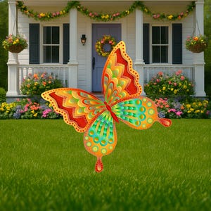 a mock up of a large Orange and yellow butterfly garden stake: Orange and yellow butterfly garden stake:  whimsical orange butterfly lawn signs with playful patterns and vivid hues