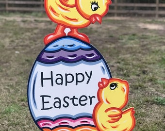 Easter Yard Art -  Easter Yard Art Easter Chicks with  Colorful Egg.  | Outdoor  Easter Yard Art | Outdoor Easter | Lawn Decorations
