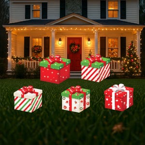A set of 5 Christmas Present Yard Decorations-bright and colorful gift box 3D designs in green, red white