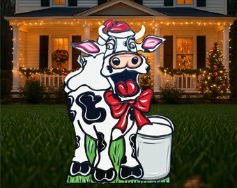 Christmas cow yard decor gifts, fun Christmas hostess gifts for families with kids, farm Christmas outdoor signs for yard barnyard Christmas