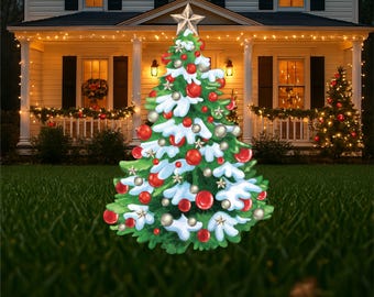 snowy Christmas tree wood signs for outside Christmas decorations, Christmas garden decor, cute Christmas front yard art, Christmas hostess