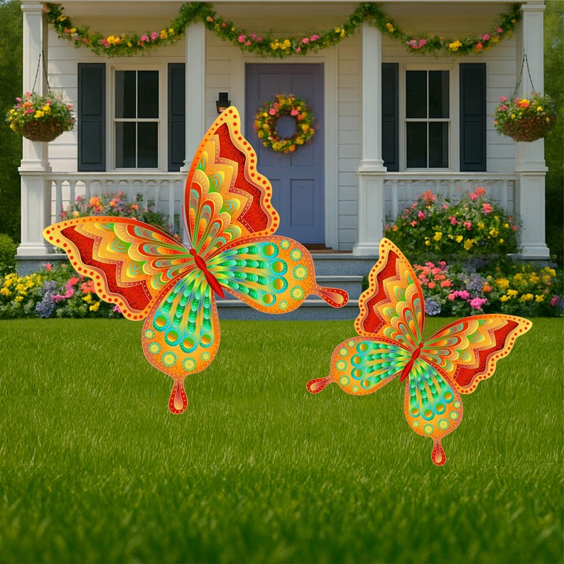 a mock up Orange and yellow butterfly garden stake:  whimsical orange butterfly lawn signs with playful patterns and vivid hues