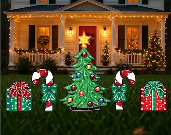 Christmas tree outdoor yard art wood cutouts, Christmas lawn wooden signs for outdoors, candy cane outdoor ornaments, Christmas garden candy