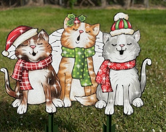 Christmas Yard Art | Three Christmas Singing Kitties Yard Decor