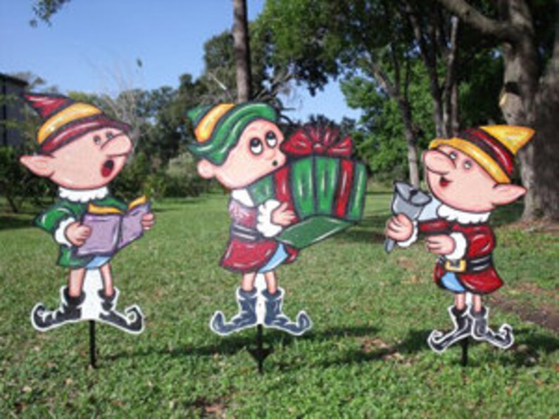 Christmas Yard Art 3 Pc Boy Elf Set Wooden Painted Outdoor Etsy