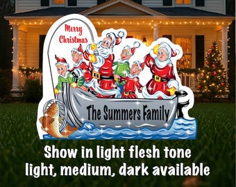 personalized fishing Santa yard cutouts, outdoor Santa Claus wood decor, fishing Christmas gifts for family, Mrs Claus Christmas elf yard