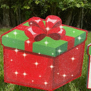 A Christmas Present Yard Decoration-bright and colorful gift box 3D design in green, red white with Christmas red box and a red bow