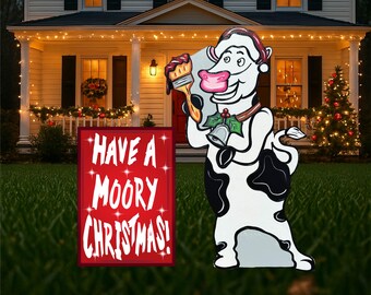 have a mooey Christmas lawn wooden signs for outdoors, funny Christmas cow yard art cow gifts for cow lovers, farm Christmas garden critters