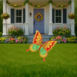 a mock up of a small Orange and yellow butterfly garden stake: Orange and yellow butterfly garden stake:  whimsical orange butterfly lawn signs with playful patterns and vivid hues