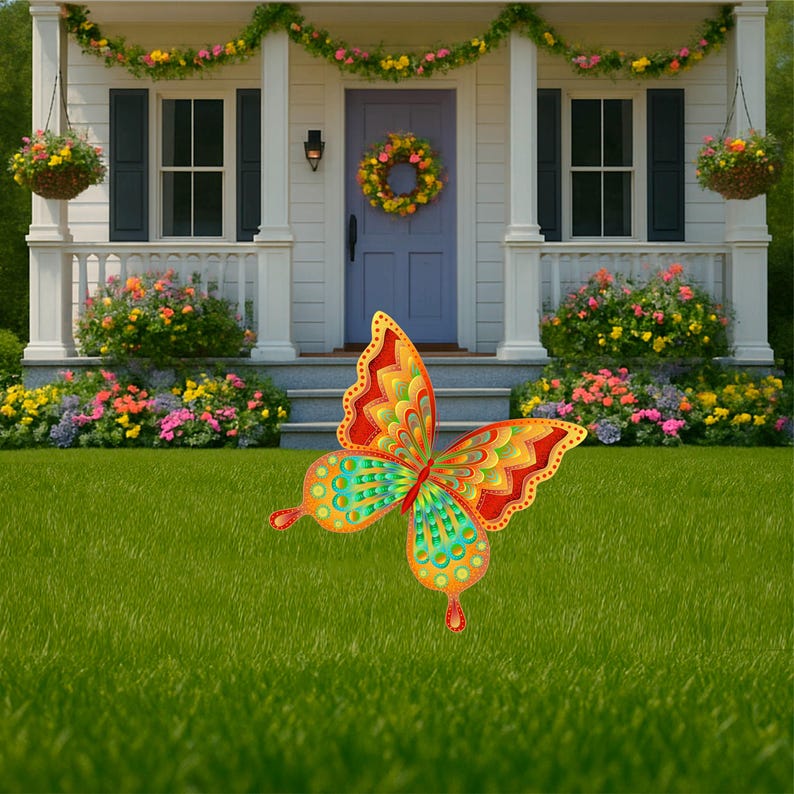 a mock up of a small Orange and yellow butterfly garden stake: Orange and yellow butterfly garden stake:  whimsical orange butterfly lawn signs with playful patterns and vivid hues
