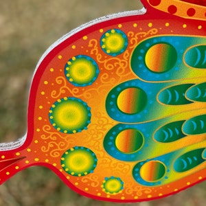 bottom view of Orange and yellow butterfly garden stake:  Orange and yellow butterfly garden stake:  whimsical orange butterfly lawn signs with playful patterns and vivid hues
