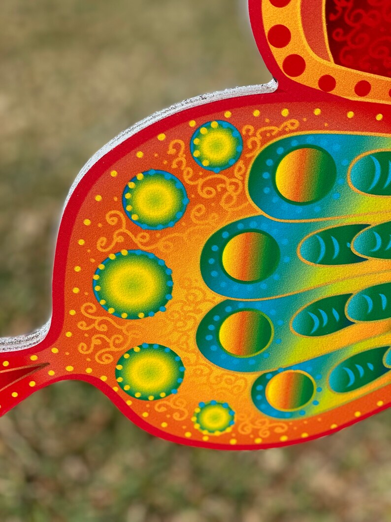 bottom view of Orange and yellow butterfly garden stake:  Orange and yellow butterfly garden stake:  whimsical orange butterfly lawn signs with playful patterns and vivid hues
