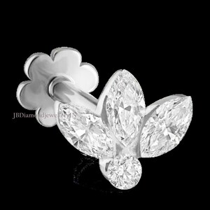 Invisible Set Diamond Lotus Stud Earring Marquise Diamond Earring Diamond Piercing For Her 10K Solid Gold Marquise Daith Stud