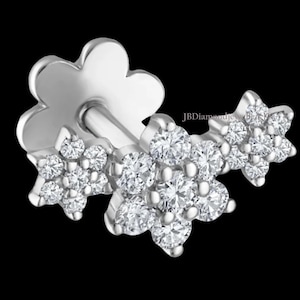14k Solid Gold Three Flower Garland Diamond Threaded Stud Earring Diamond Earring for women Ear Piercing stud for mother Single stud Earring