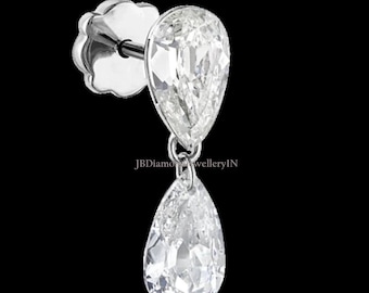 Pendiente colgante flotante con forma de pera y diamante / Pendiente de oro de 14 quilates con rosca trasera / Joyería minimalista para perforación de hélix, cartílago y trago