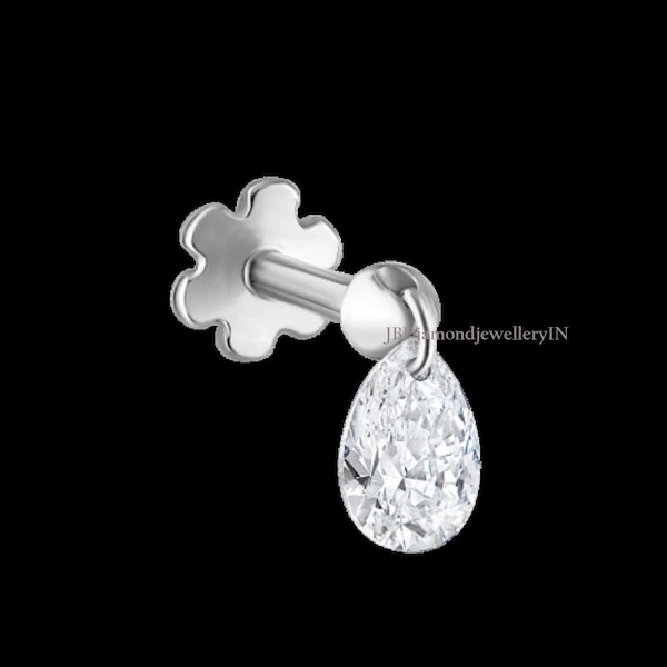 Sabine zwevende peer diamant bedel met schroefdraad | 14K gouden oorbel met platte achterkant | Unieke helixkraakbeenpiercing | 16G-stekker voor dames