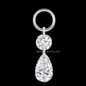14k Double Diamond Charm Ear Piercing Drop, Single Floating Chains and Charm, Add on for Hoop, Lab Grown / Moissanite  Latest Fine Diamond