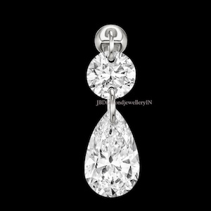 Floating Double Diamond Threaded 16g Charm Earring Double Diamond Stud For Women 14k Solid Gold Pear & Round  Diamond Piercing Gift For Her