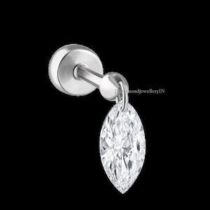 Unique Ear Set Up 16g 18g Threaded Flatback Stud, Hailey Single 14K Gold Floating Marquise Diamond Charm Drape Helix Threaded Stud Piercing