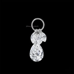 14K White Gold Floating Pear Diamond Plume Charm Earring | Marquise Dangle Threaded Stud | Elegant Cartilage Helix Conch Piercing Jewelry
