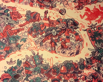 Space Marines vs Space Orks - Risograph Print