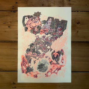 May include: A fantasy-themed art print featuring a detailed illustration in shades of pink, gray, and black. The artwork depicts a battle scene with various creatures, structures, and a central figure with a glowing aura. The style is reminiscent of a comic book or video game.