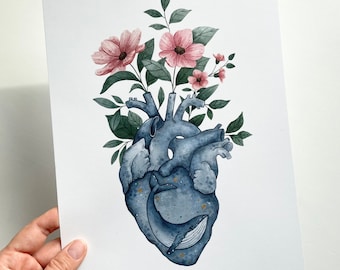 Poster "Whale heart with flowers" | Offset Print A4