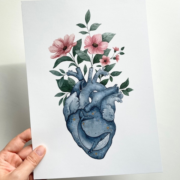 Poster "Whale Heart with Flowers" | Offset Print A4 | KD-008