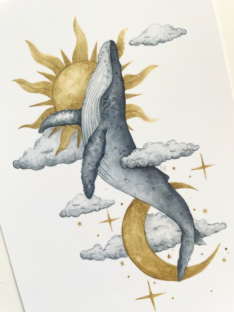 May include: Watercolor illustration of a whale breaching through clouds, with a golden sun and crescent moon in the background. The whale is gray, and the clouds are white and gray. Stars are scattered around the moon.