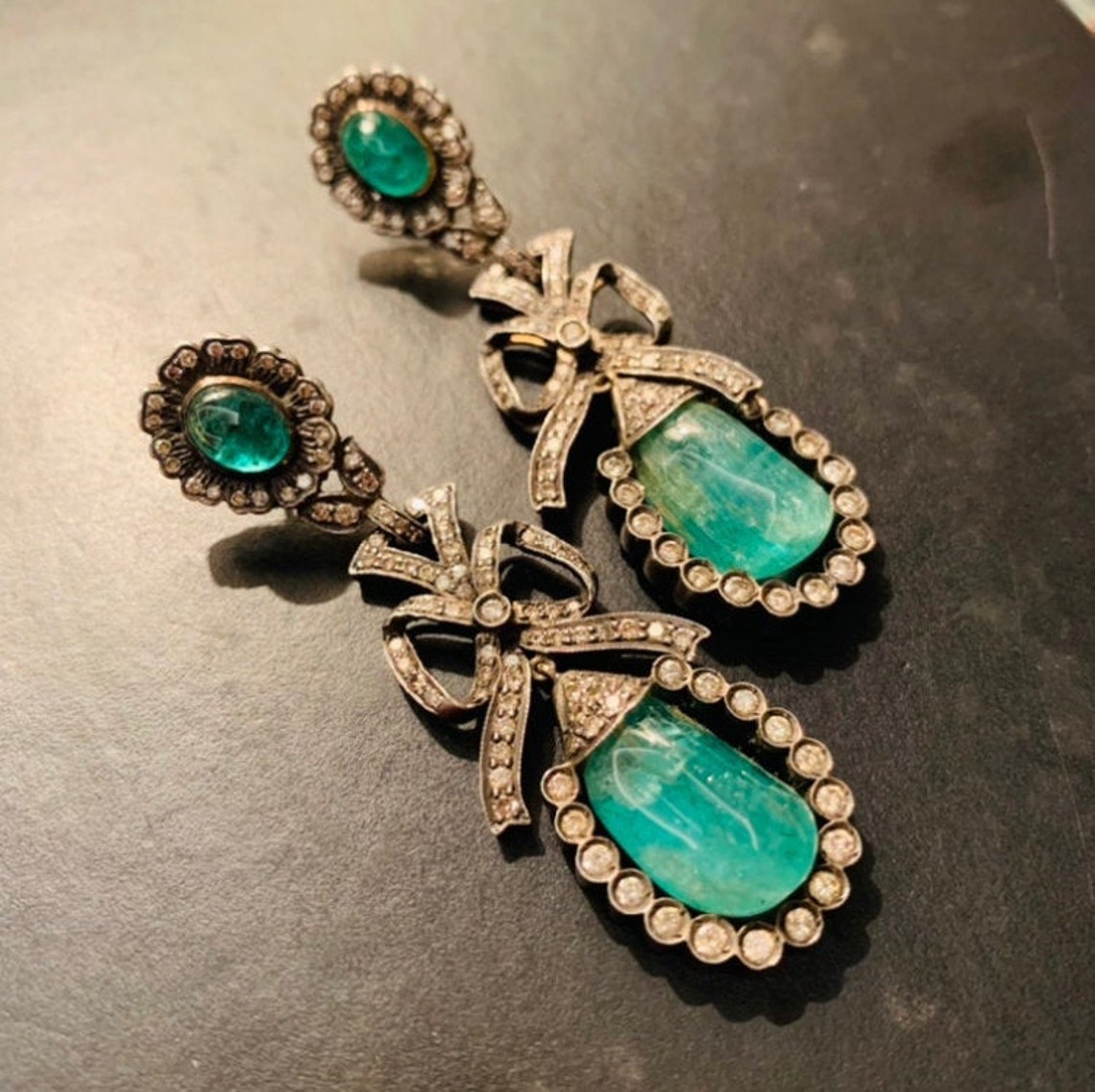 Emerald and Diamond Victorian Earrings Etsy
