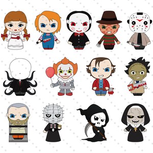 May include: A set of 12 cartoon horror character illustrations. The characters include Freddy Krueger, Jason Voorhees, Pennywise the Dancing Clown, Chucky, Michael Myers, Leatherface, and more. The illustrations are in a cute, chibi style.