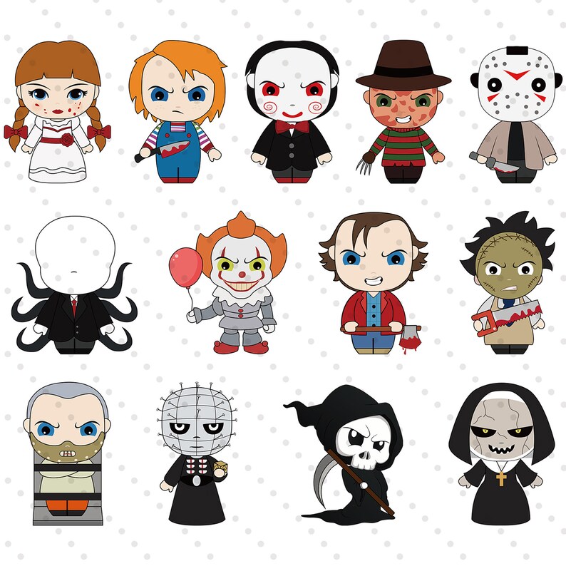 May include: A set of 12 cartoon horror character illustrations. The characters include Freddy Krueger, Jason Voorhees, Pennywise the Dancing Clown, Chucky, Michael Myers, Leatherface, and more. The illustrations are in a cute, chibi style.