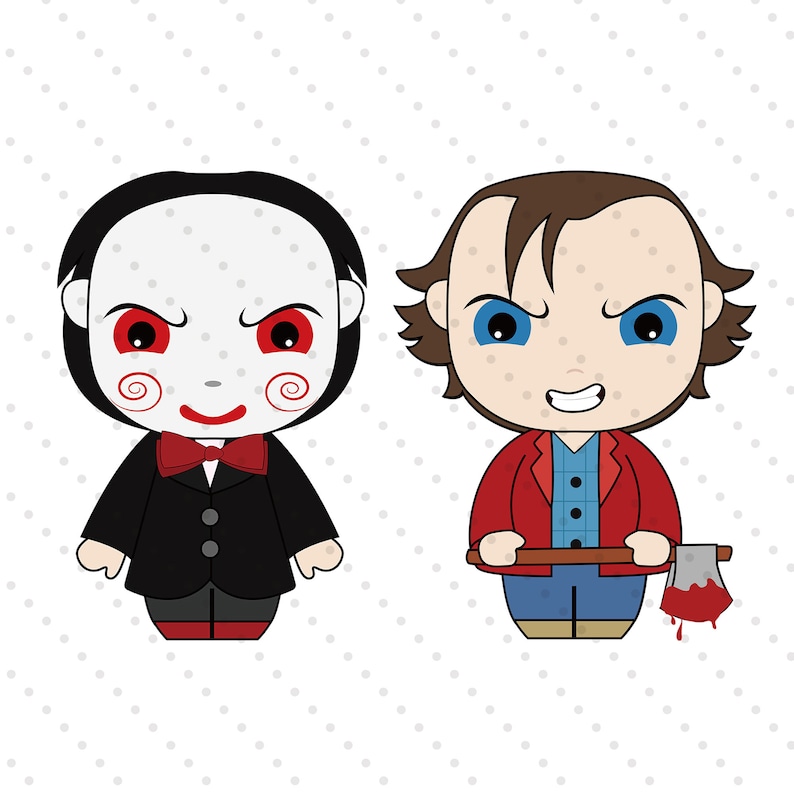 May include: Cartoon illustration of two horror movie characters. The character on the left is wearing a black suit and a red bow tie. He has a white face with red spiral patterns around his eyes. The character on the right is wearing a red jacket, blue jeans, and a blue and white shirt. He is holding a bloody axe.
