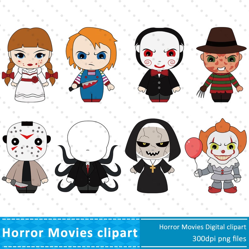 May include: A set of eight cartoon horror movie characters. The characters are all in a chibi style and include Freddy Krueger, Jason Voorhees, Pennywise the Dancing Clown, Chucky, the Nun from The Conjuring, Michael Myers, and two other characters. The characters are all in different poses and expressions. The background is a white polka dot pattern.