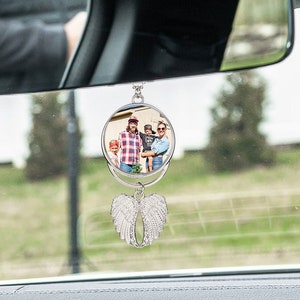 Portachiavi con ali d&#39;angelo personalizzate, portachiavi con foto su 2 lati, ciondolo per specchietto retrovisore personalizzato, portachiavi commemorativo, portachiavi commemorativo