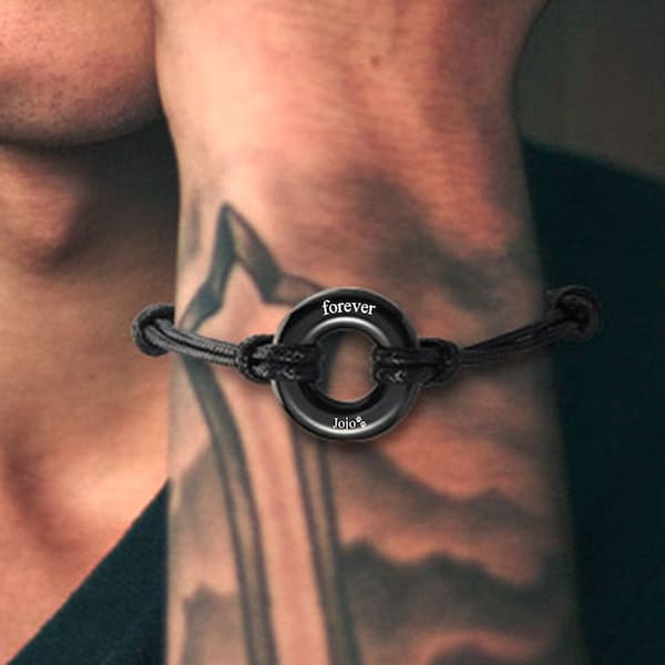 Engraved Urn Bracelet: Circle of Life Cremation Jewelry, Black Leather