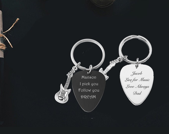 Personalized Guitar Pick Keychain: Custom Engraved Stainless Steel Charm