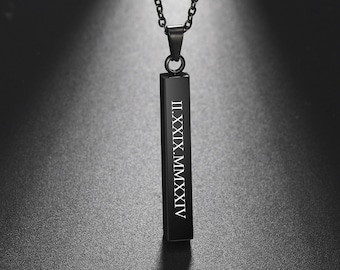 Personalized Vertical Bar Necklace, Custom Minimalist Jewelry, Name Necklace, Stainless Steel Black Pendant, Gift for Him