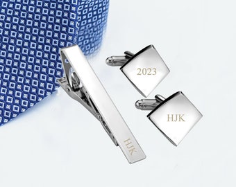 Personalized Tie Clip and Cufflink Set, Custom Cufflinks, Geometric Cuff Link, Father of the Groom Gift, Monogrammed Tie Clip