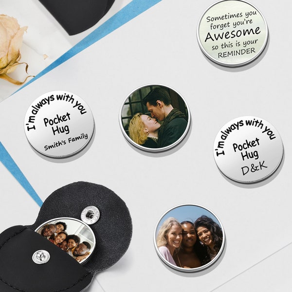 Personalized Pocket Hug with PU Leather Keychain, Custom Photo Pocket Token, Lucky Pocket Hug Token, I'm Always With You