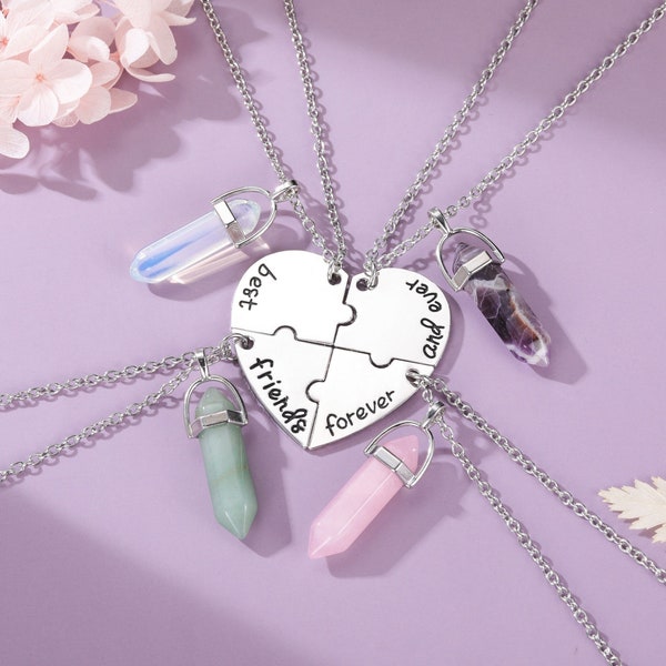 Beste vriend voor altijd en altijd kettingen, set van 4 vriendschapskettingen, BFF ketting, gespleten hart ketting, Pizzle stuk ketting, kristal