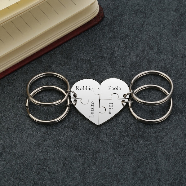 Personalized Puzzle Piece Keyrings Set of 3, 4 Jigsaw Keyrings, Connecting Key Ring, Family Reunion Gift, Heart Keychain, Christmas Gift