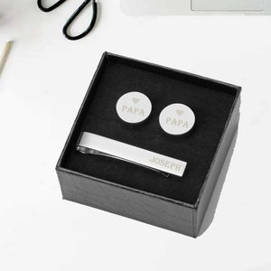 Silver Round Cufflinks and Tie Clip Gift Set for Groomsmen, Personalized Groomsmen Gifts, Cuff Link and Tie Bar Set for Groom, Best Man