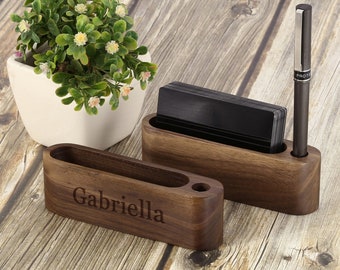 Porta biglietti da visita personalizzato, porta biglietti da visita con monogramma, porta biglietti da visita in legno, organizer da scrivania personalizzato con portapenne