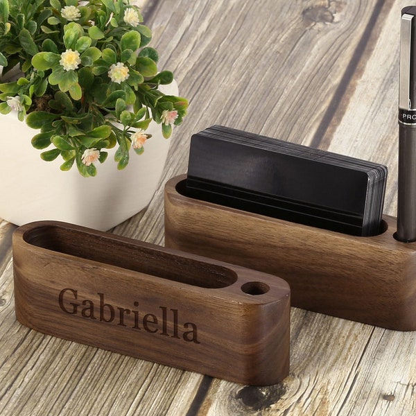 Customized Business Card Holder, Monogrammed Business Card Holder, Wood Card Holder, Personalized Office Desk Organizer with Pen Holder