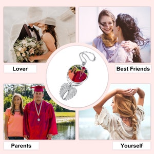 May include: A silver car charm with a round photo frame and angel wings. The photo frame has a picture of a couple in it. The charm is hanging from a silver chain.